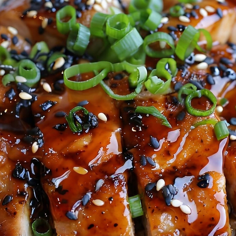 Glazed chicken pieces topped with black and white sesame seeds and sliced green onions.