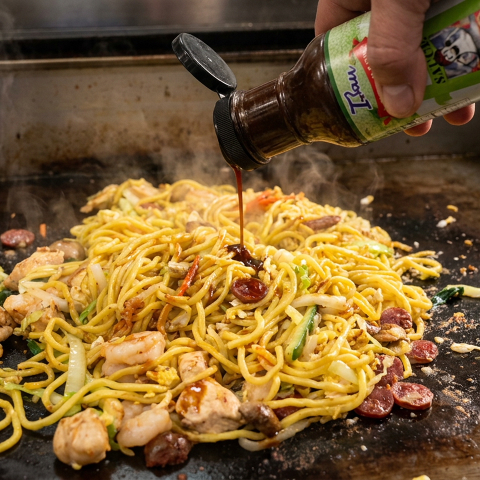 Steaming stir-fried noodles with shrimp, chicken, sausage, vegetables, and egg cooking on a flat-top grill while sauce is poured over them.